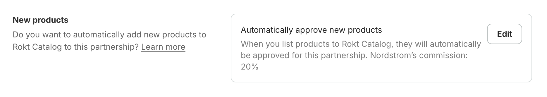 Partnership terms showing the New products section with Edit button.