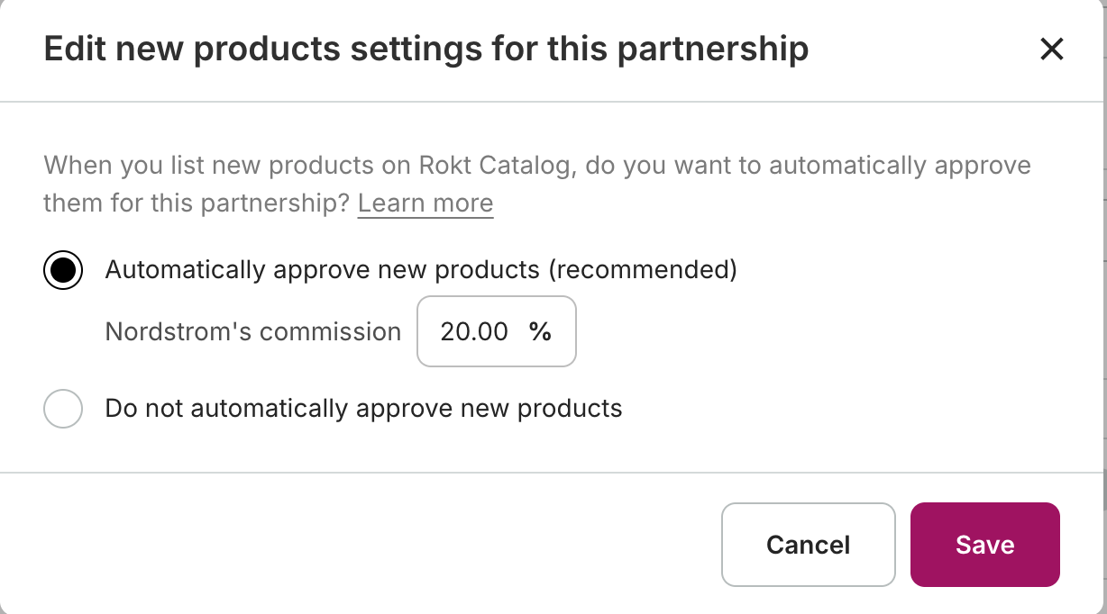 New products dialog showing the automatic approval toggle and commission field.
