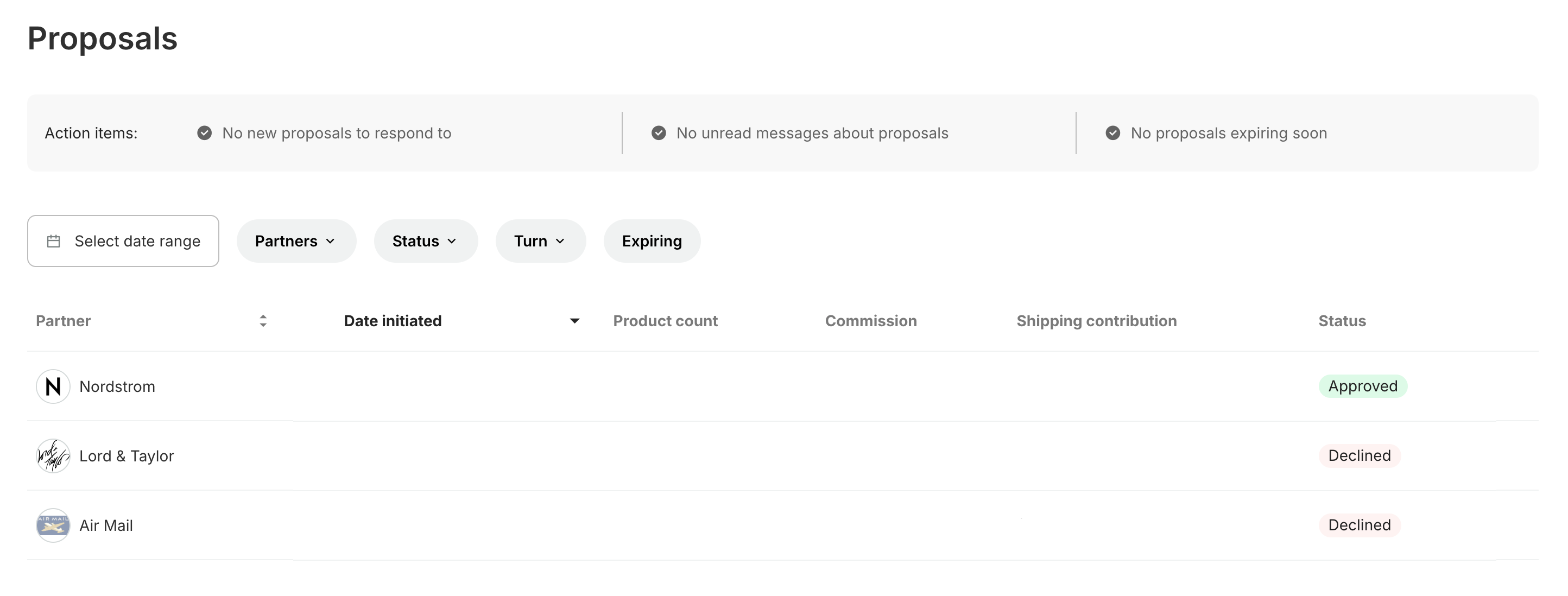 Catalog Proposals page showing the list view with status filters.
